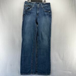 Ariat Jeans Men's 32x36 Blue Low Rise Bootcut Dark Baggy Faded Whisker Denim